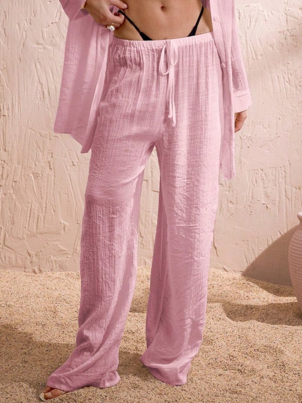 Baby Pink Women's Beach Drawstring Wide Leg Pants - Picture 5 of 5